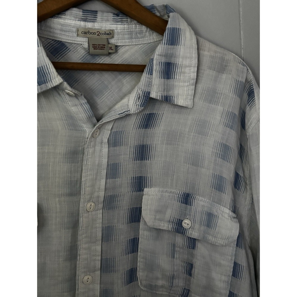 Carbon2Cobalt‎ Blue White Plaid Gauze Button Up Shirt XL Coastal Beach 0295